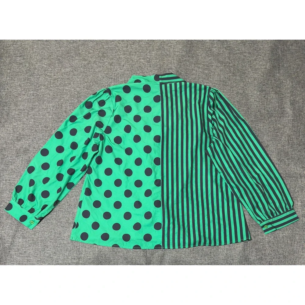 ChicMe Women's 2XL Blouse‎ Green Black Polka Dot Striped Long Sleeve V-Neck